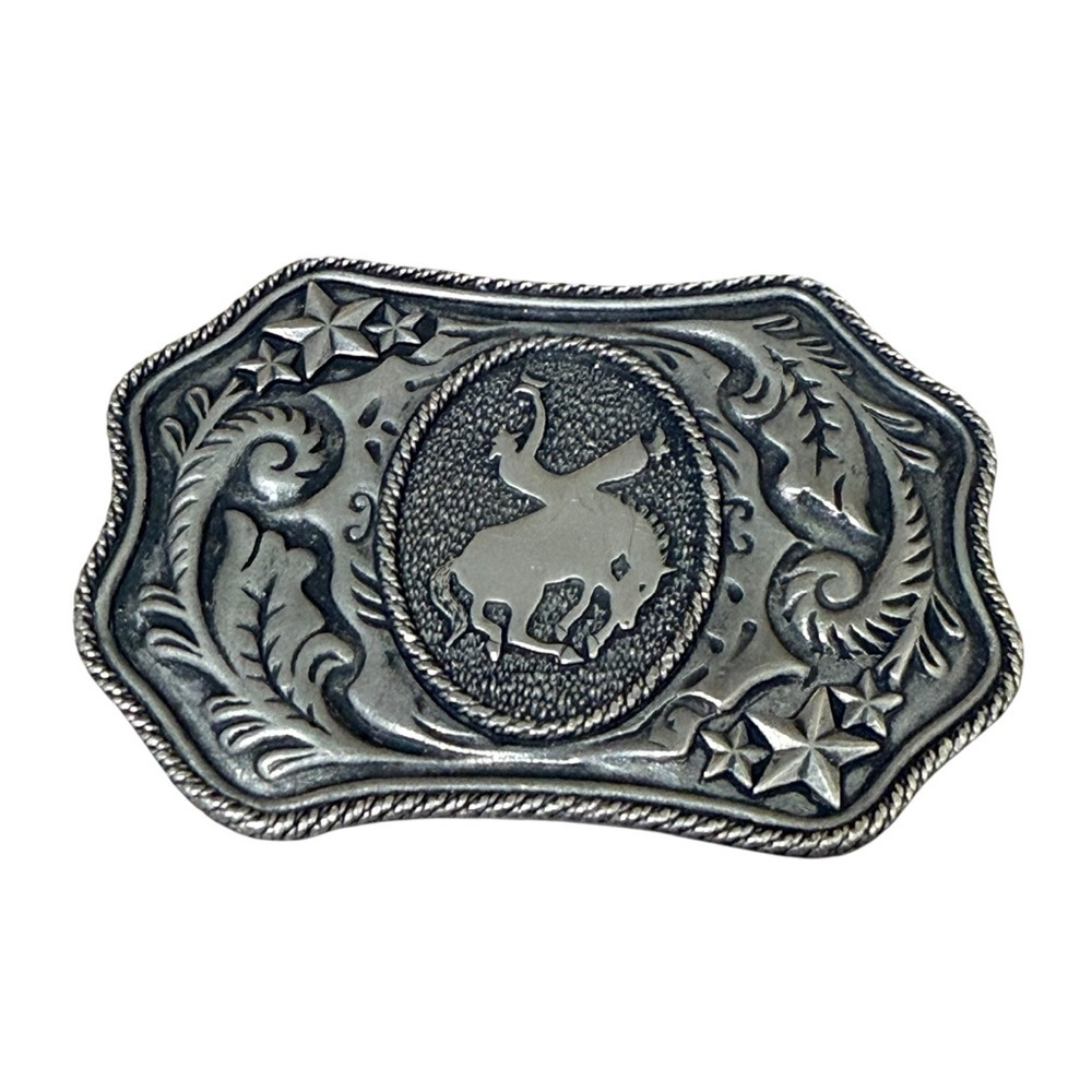 Vintage Pewter Western Belt Buckle Cowboy Bronco Rider Stars Rodeo Design